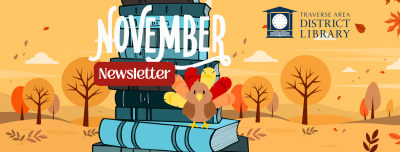 November newsletter image with books and a cartoon turkey