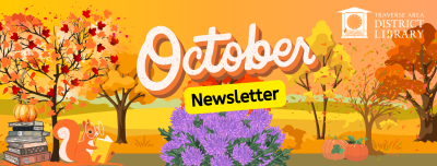 Fall scene with colorful trees and a squirrel with glasses reading a book