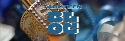 Header with a gold dreidel and blue ribbons. Blue and white text in the center reads: TADL Teen Blog.