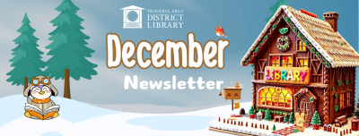 Gingerbread library with December newsletter