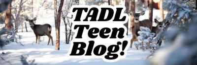 Header of a winter scene with deer in the woods. Text in the center reads: TADL Teen Blog!