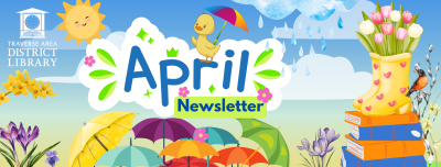 Colorful umbrellas and books with April newsletter