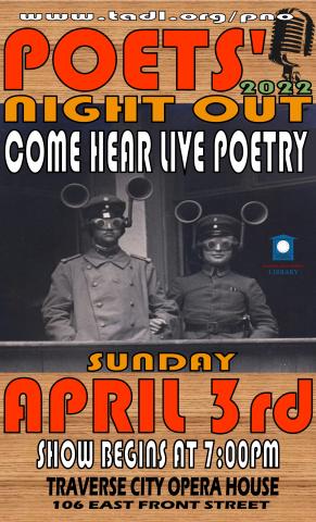 Poster for Poets' Night Out Live Event Contains day and time information Sunday April 3rd at 7pm