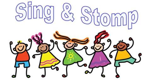 Drawing of children dancing together underneath the text Sing & Stomp