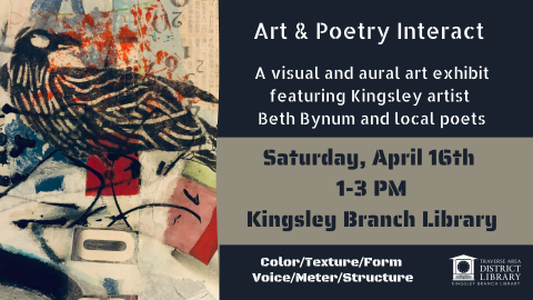 Image of Bynum artwork which appears to be a black crow on a cream background, text says event will begin at 1:00 pm on Saturday, April 16, 2022.