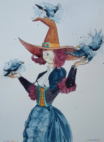 Original artwork by Kristy Philips. Girl with pointed hat and three birds.