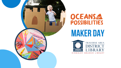 Images of young blonde child playing in a cardboard castle, and an image of colorful paper and scissors.