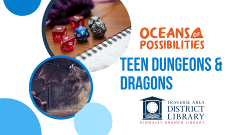 Images of dragon and elf woman fighting, and several colorful dice.