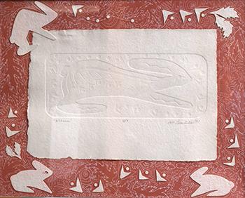 Paper block print of running rabbit. 