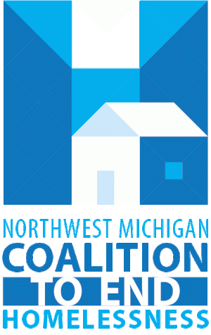 blue and white logo for northwest michigan coalition to end homelessness. there are many shapes to look like a big h and a house.