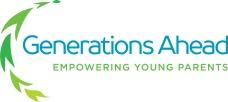 green arrows loop around the left side of the logo of Generations Ahead, empowering young parents.