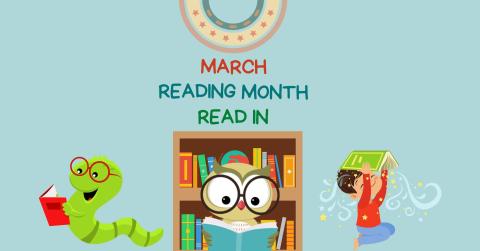 bookworm, owl, and child reading books, with a bookshelf in the background
