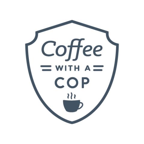 Logo consisting of a badge shaped outline with the words "coffee with a cop" inside and a picture of a small coffee cup