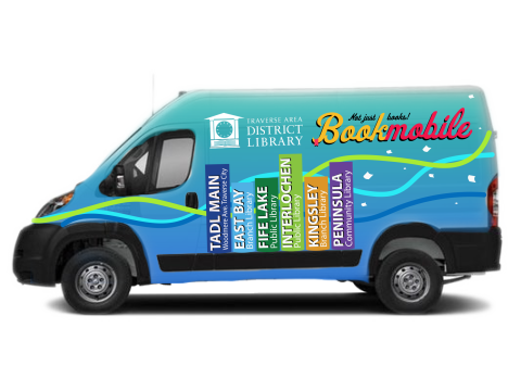 Blue and green bookmobile with the library logo and locations