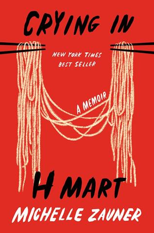 Crying in H Mart noodles and chopsticks over red background