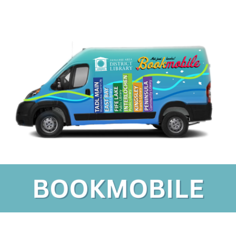 Blue and green bookmobile with the library logo and locations