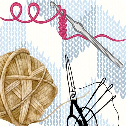 Ball of yarn, crochet hook with yarn, three sewing needles with yarn and scissors on a blue and white knitted background.