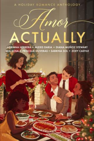book cover for Amor Actually, a group of friends around a table, in a room with lots of holiday decorations.