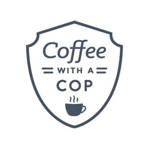 Logo consisting of a badge shaped outline with the words "coffee with a cop" inside and a picture of a small coffee cup