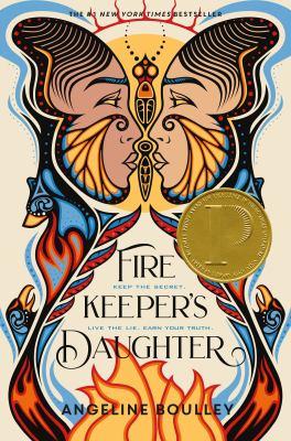 Cover of the book, The Firekeeper's Daughter with Indigenous style artwork of two faces looking at each other and a fire burning below