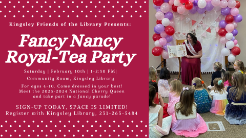 Image of the Cherry Queen 2023-2024 sitting in a chair and reading to a group of young children, who have their backs to the camera.