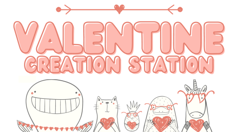 Valentine Creation Station drawings of animals holding hearts