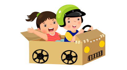 two children in a cardboard car.