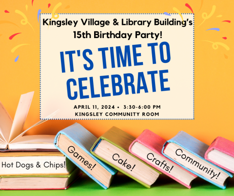 Image of a stack of books fanned out on their sides. Text overlay reads "it's time to celebrate!"