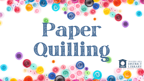 Colorful curled papers spread below and above the words paper Quilling