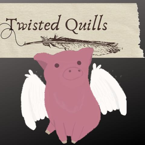 Text "Twisted Quill" with feather pen and pig with wings.