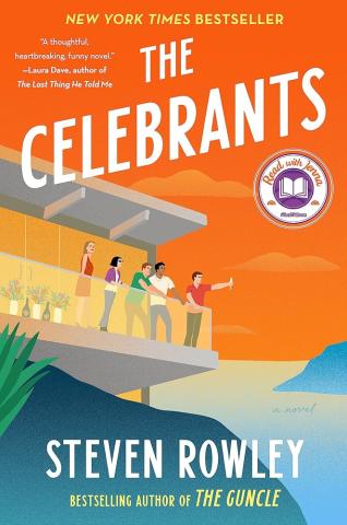 Illustrated book cover featuring a group of friends celebrating on a deck over water