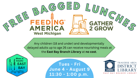 Image of the Gather 2 Grow icon, which is an open book, a brown sack bag, an apple, and a juice box with a straw, outlined in the color orange. Text reads "free bagged lunches" from Feeding America, June 4 to August 9.