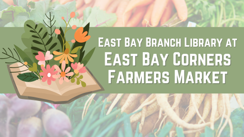 A book sprouting flowers over a closeup picture of farm market vegetables