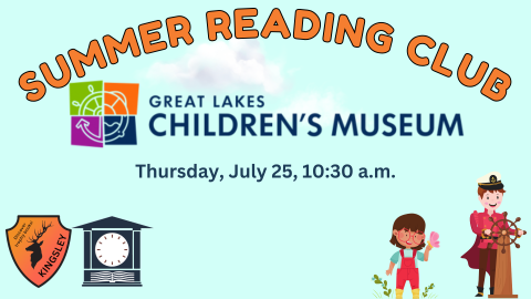 Image of two children, a girl holding flowers and a boy dressed as a sea captain. Text reads "Summer Reading Club Great Lakes Children's Museum"