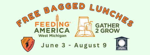 Image of the Gather 2 Grow logo, which includes an open book, a brown lunch sack, an apple and a juice box, all outlined in orange. Text reads "free bagged lunches June 3rd through August 9th."