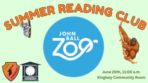 Image of an orangutan. Text overlay reads "Summer Reading Club, John Ball Zoo."
