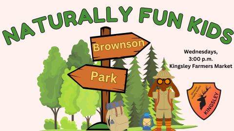 Text reads "naturally fun kids," and there is a picture of a scout with binoculars standing next to a group of pine trees.