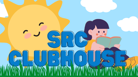 SRC Clubhouse. kid reading outside in grass with sun