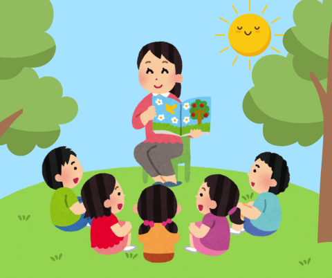 Librarian reading to children outside