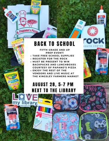 Image of backpacks, pens, lunchboxes, and various school supplies. Text overlay reads "back-to-school supply giveaway 2024."