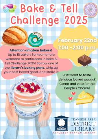 Text reads Bake and Tell Challenge 2025. In the background is a person holding a springform pan using oven mitts. There is a baked cake in the pan.
