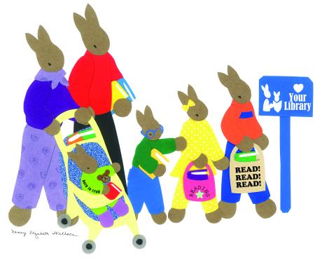 Rabbit family walking to the library.