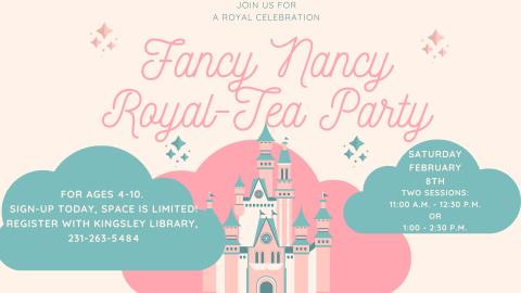Image of a cartoonish-looking castle colored light blue and pink, surrounded by clouds in the same colors. Text reads "Fancy Nancy Royal-Tea Party."