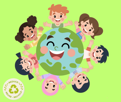 Children joining hands around a smiling planet Earth.