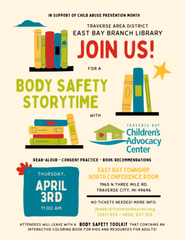 Colorful poster with images of books that says "Join Us for a Body Safety Storytime"