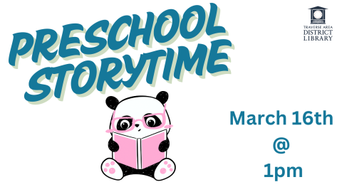 Preschool Storytime March 16th @ 1pm with a panda reading a book