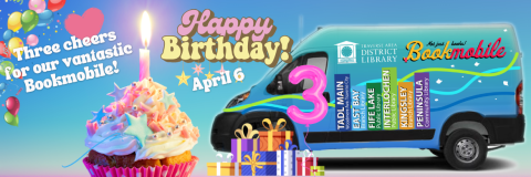 Image of cupcake and bookmobile with Happy 3rd birthday April 6