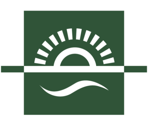logo for the grand traverse conservation district, green background with white outline of a sun rising over a horizon line and a wave underneath