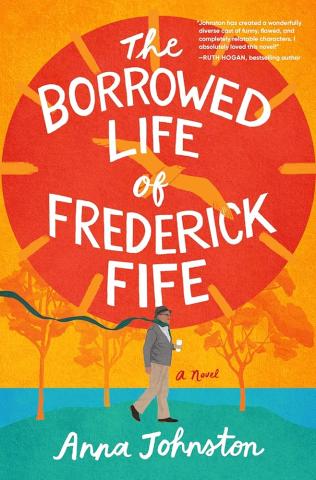 illustrated book cover featuring an older man walking through a park with a coffee in hand