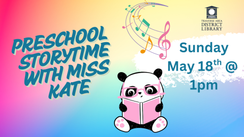 Preschool Storytime with Miss Kate Sunday May 18th @ 1pm Panda with glasses reading a book
